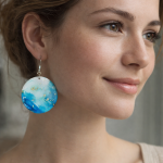 These handmade earrings feature soft blends of white and ocean blue, created using layered alcohol inks and finished with a smooth resin coating. Each pair has its own natural flow of colour, with subtle gold flecks scattered through the design, giving them a light, ocean-inspired feel.
